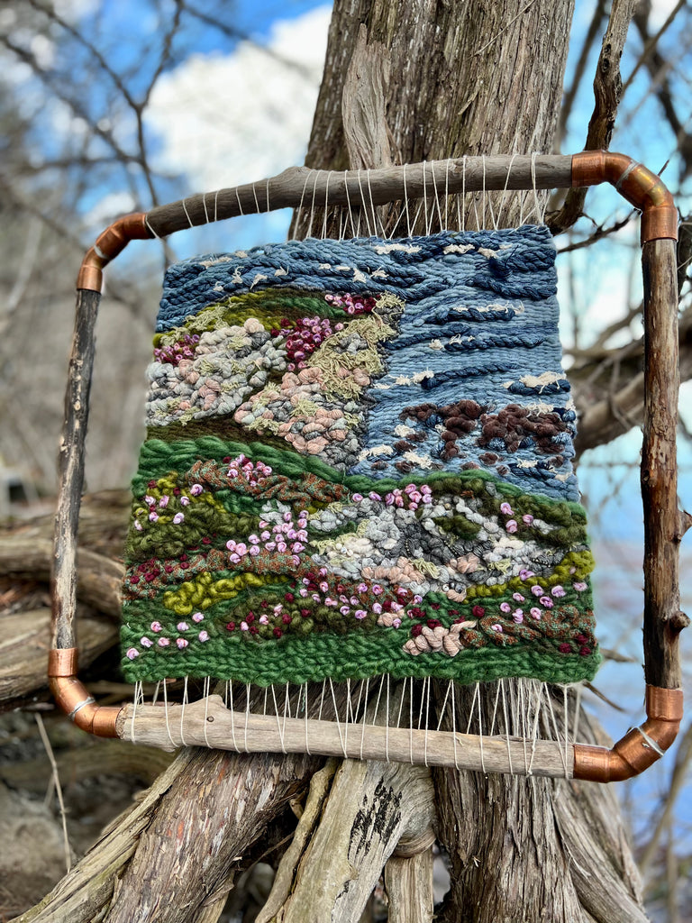 Alive Woven Wall Hanging With natural paint Harris Tweed embroidered with Pyrite agate crystals isle of Skye Scotland in driftwood and copper frame