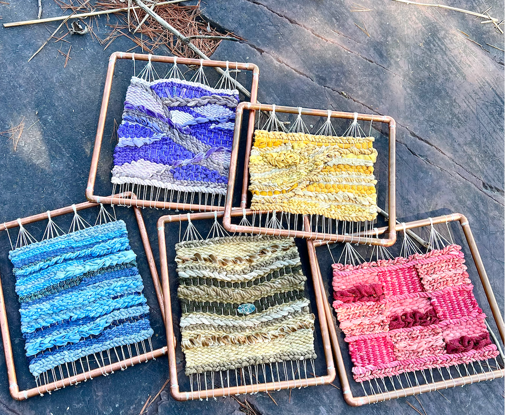 Naturally Dyed Woven Wall Hangings with Harris Tweed Crystal beads and Copper Frames Rainbow 