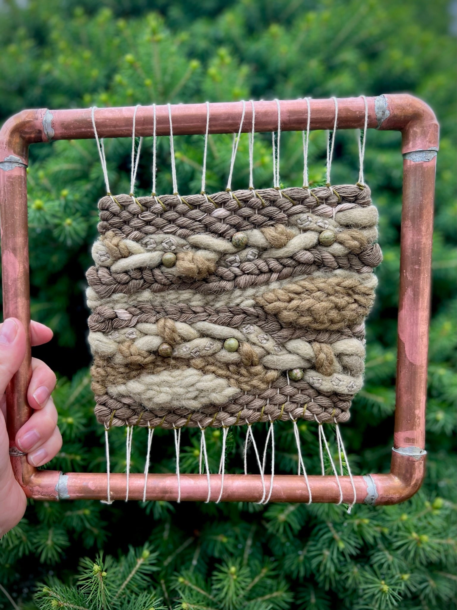 Naturally Dyed 'Moss' Woven Wall Hanging Tapestry with Unakite Crystals and custom soldered copper frame hand embroidered details green 