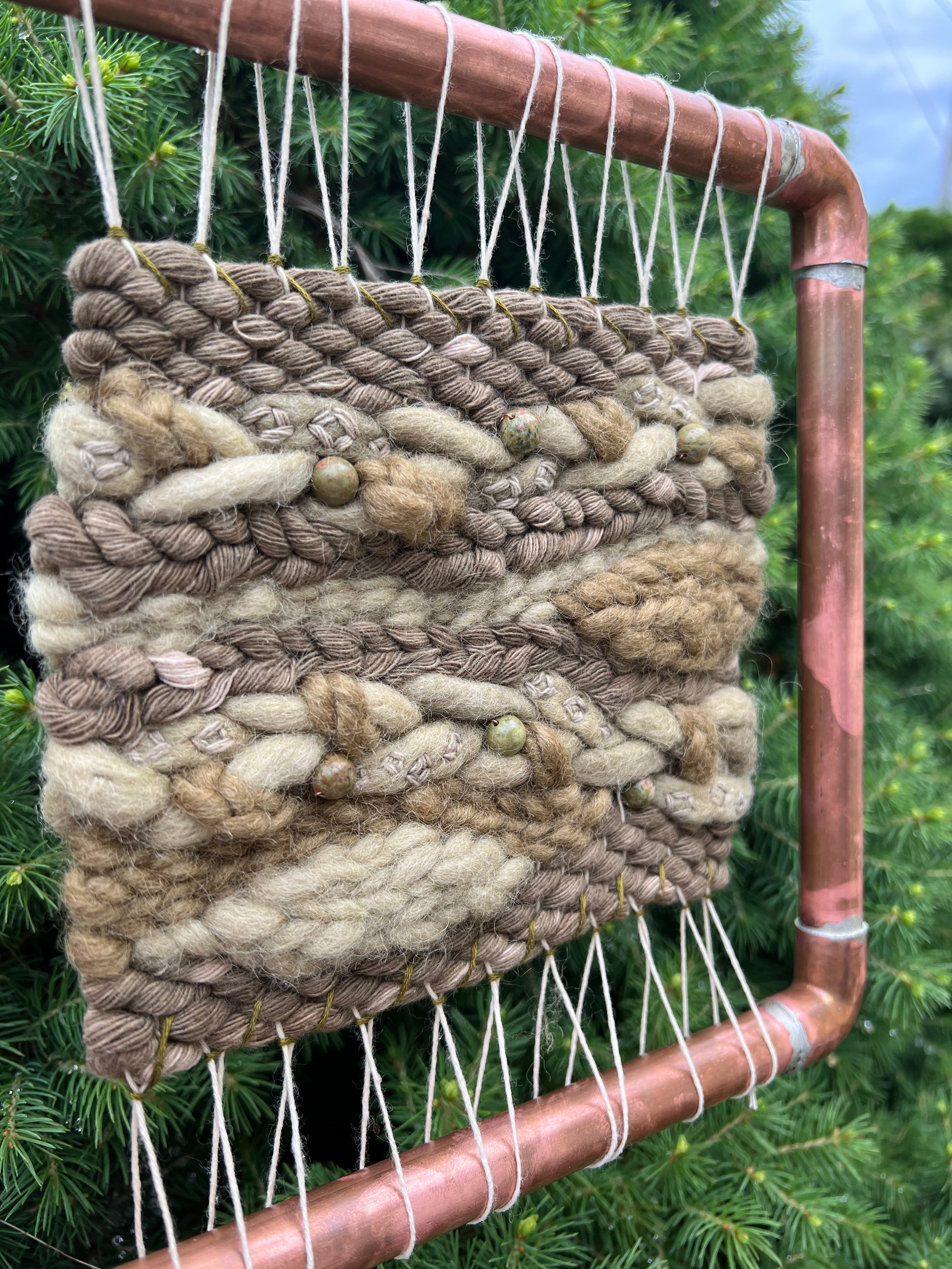 Naturally Dyed 'Moss' Woven Wall Hanging Tapestry with Unakite Crystals and custom soldered copper frame hand embroidered details green 