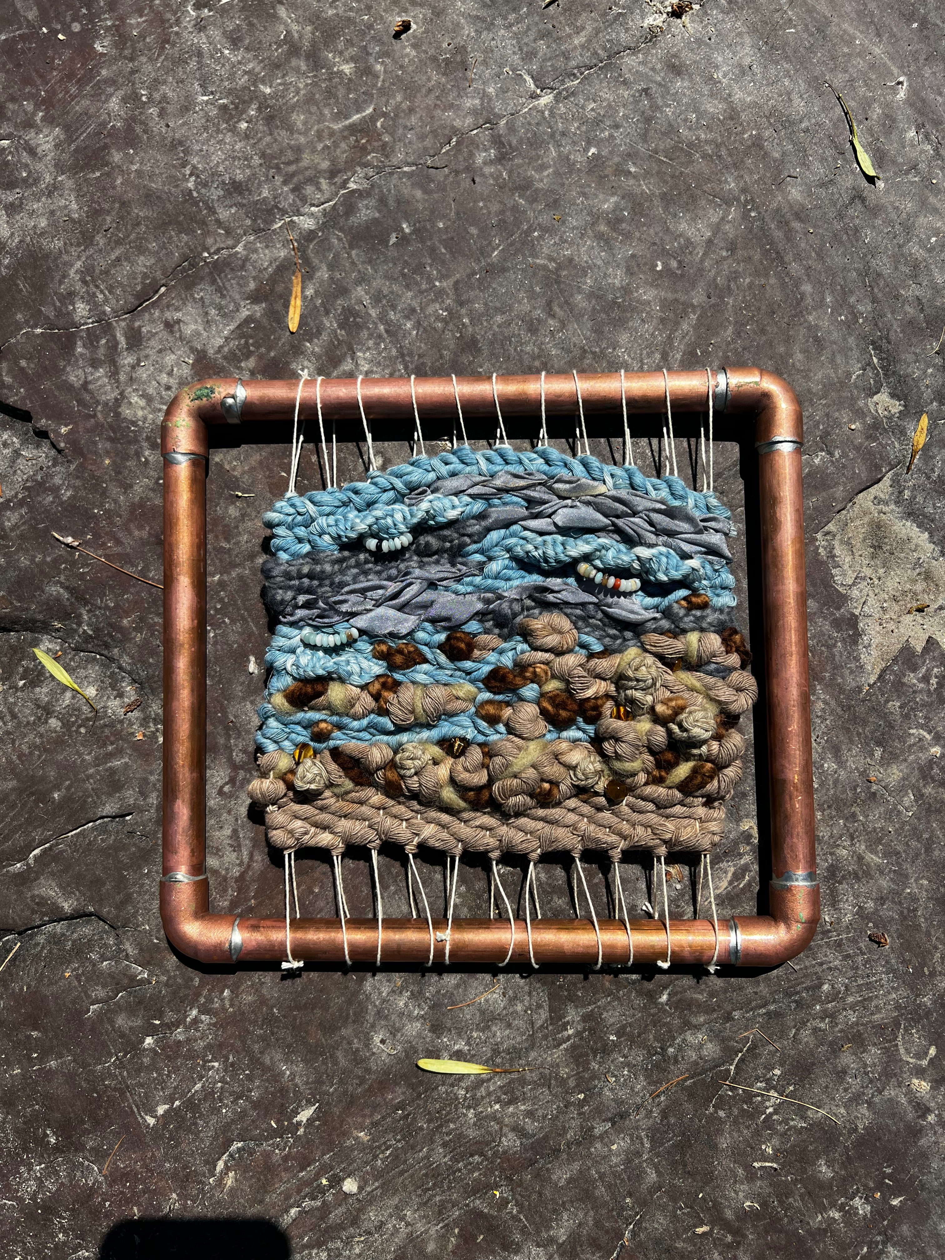 Naturally Dyed Woven Wall Hanging Tapestry with Tiger's Eye and Amazonite in custom soldered copper frame with cotton, silk and wool from small woman owned business