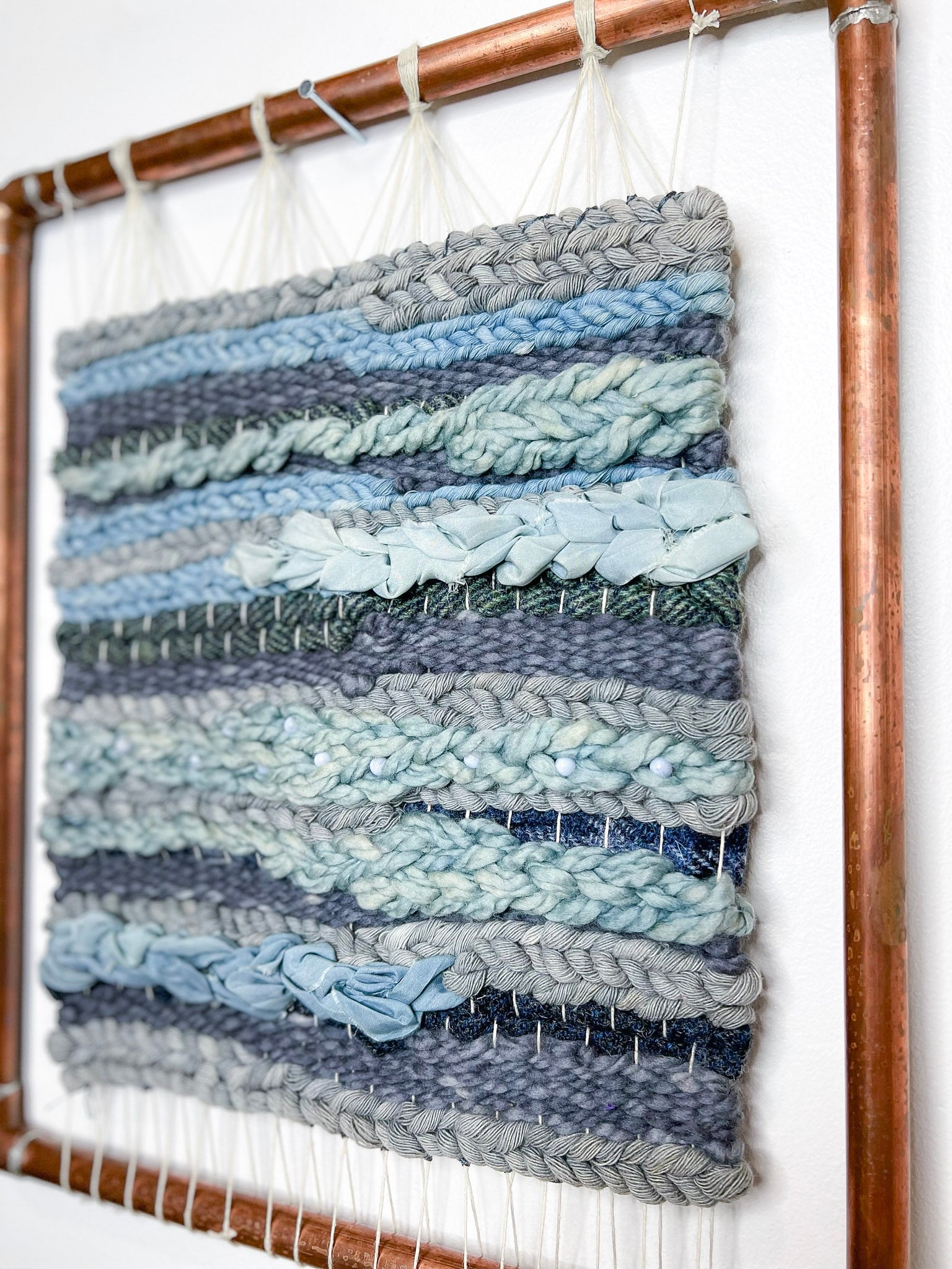 Naturally Dyed Woven Wall Hanging 'Calm' with Harris Tweed and Blue Lace Agate