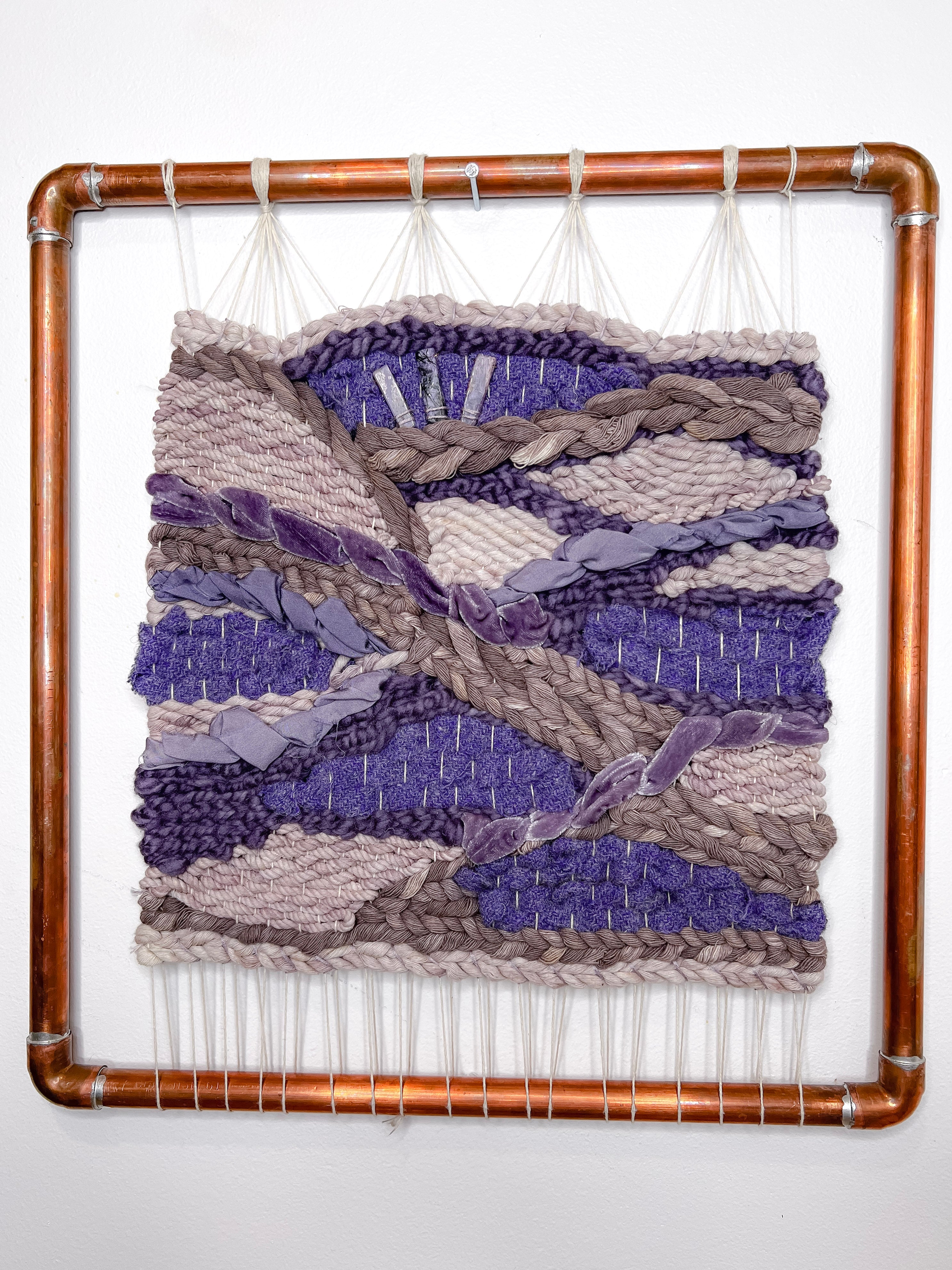 Naturally Dyed Woven Wall Hanging Tapestry Harris Tweed with Charoite Crystals Hand cut SIlk and Velvet Cotton Wool Ancient Purple Logwood Dye and Black Currant and Blueberries with Copper Frame 