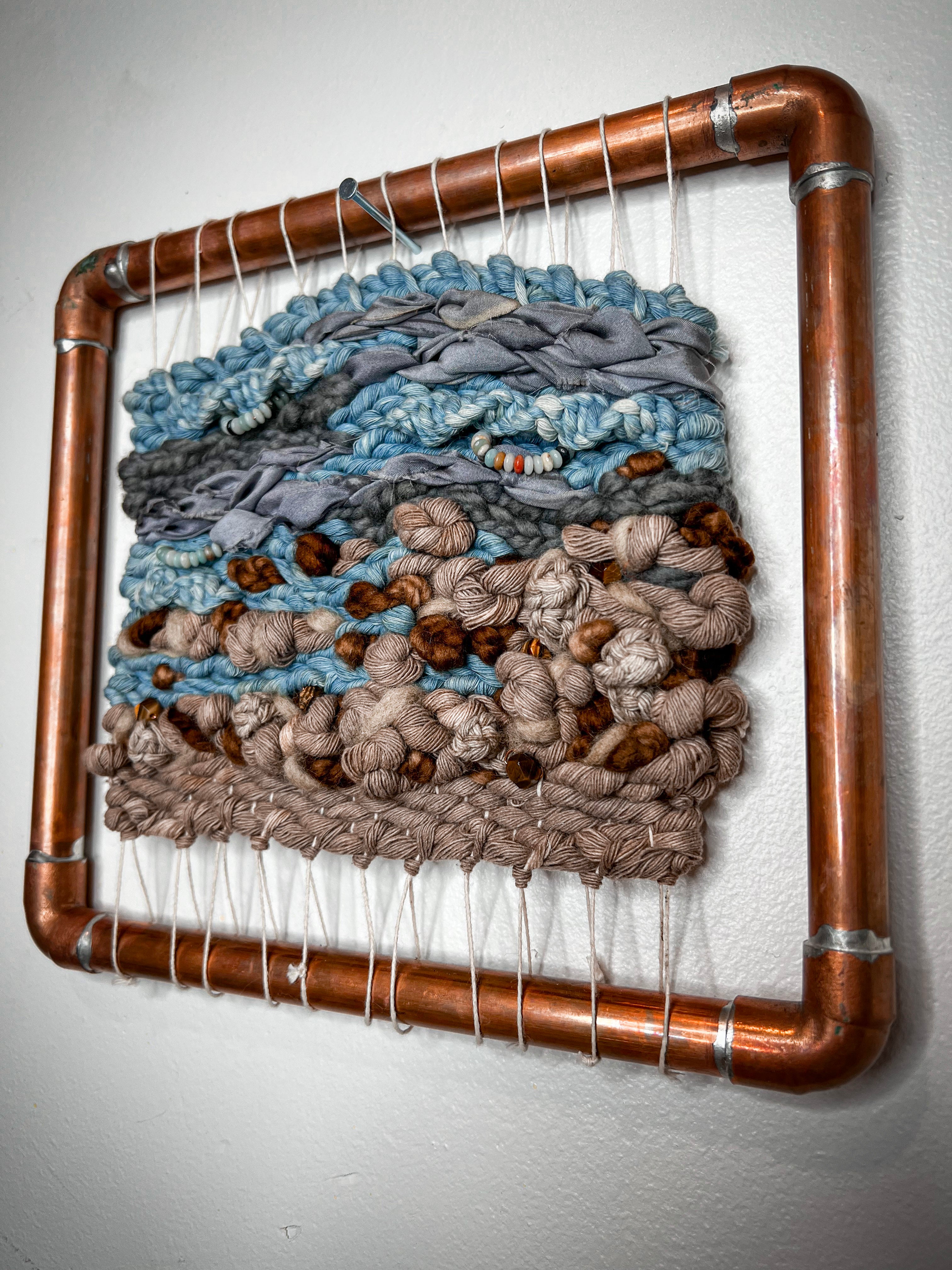 Naturally Dyed Woven Wall Hanging Tapestry with Tiger's Eye and Amazonite in custom soldered copper frame with cotton, silk and wool from small woman owned business