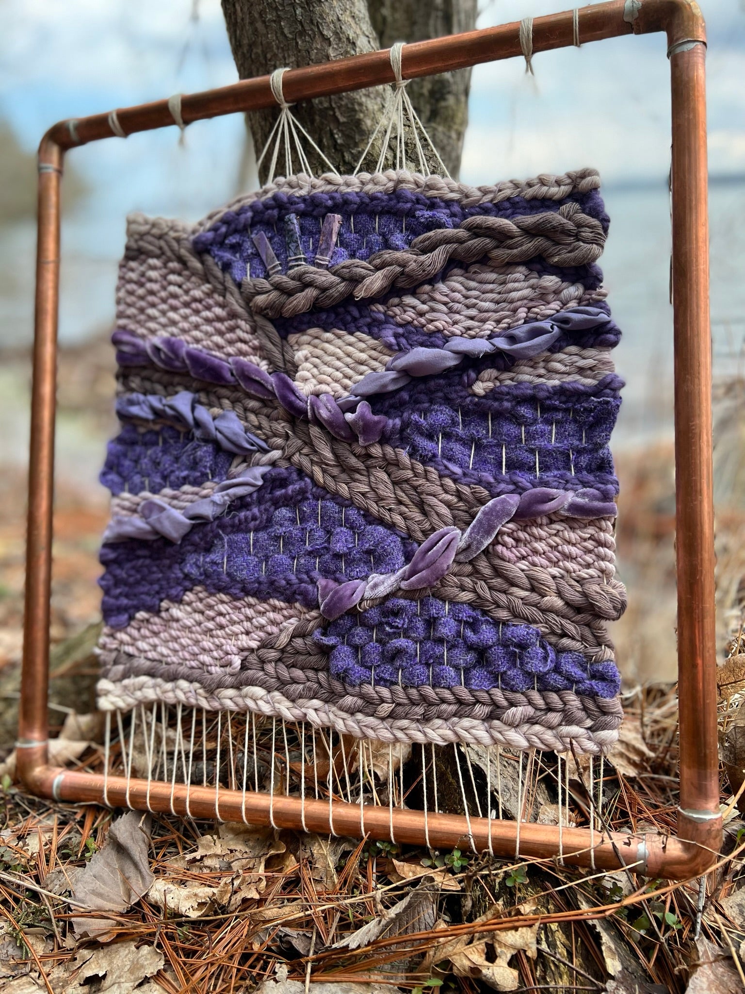 Naturally Dyed Woven Wall Hanging Tapestry Harris Tweed with Charoite Crystals Hand cut SIlk and Velvet Cotton Wool Ancient Purple Logwood Dye and Black Currant and Blueberries with Copper Frame 