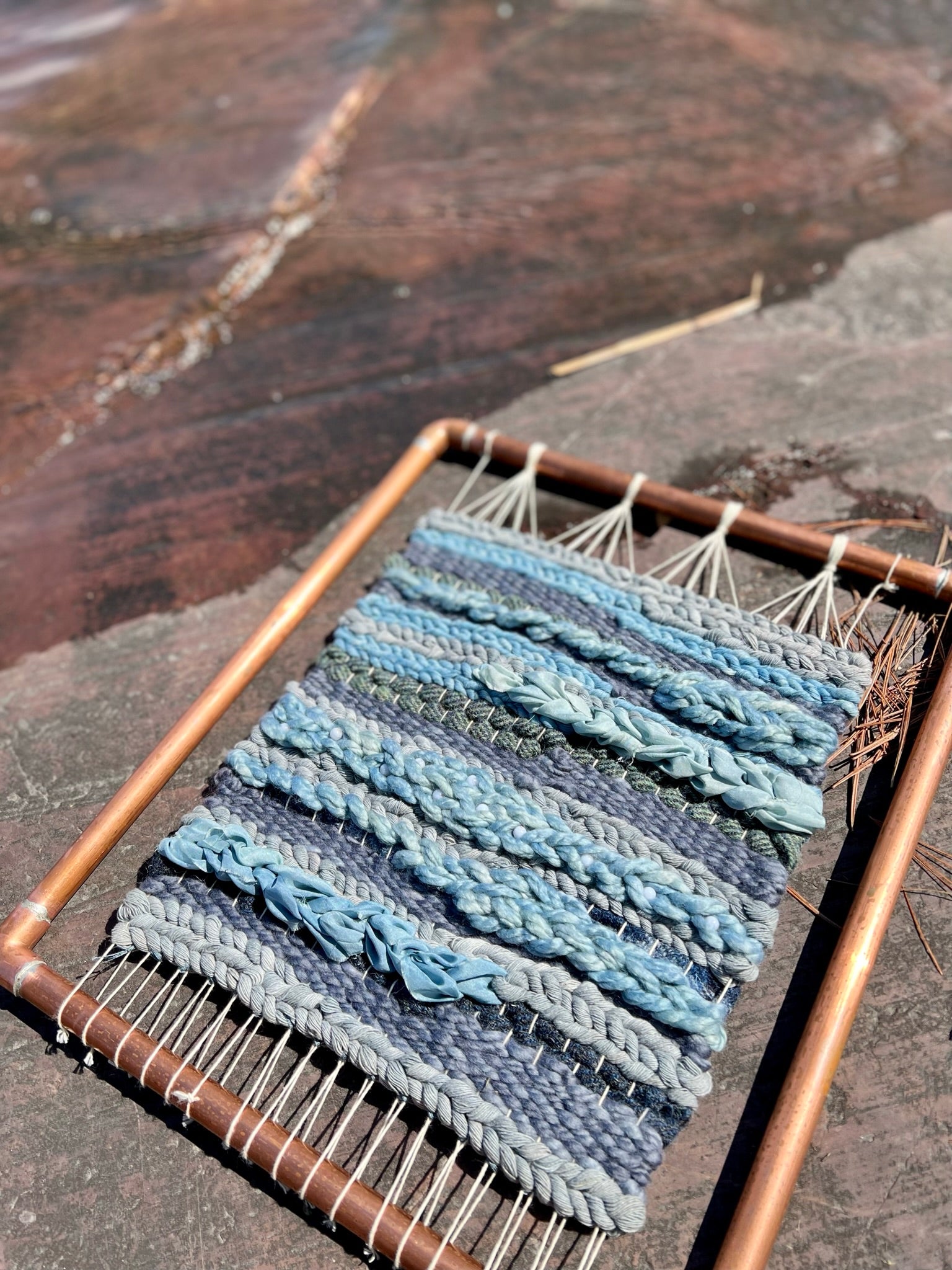 Naturally Dyed Indigo and Logwood Woven Wall Hanging with Blue Lace Agate and Harris Tweed in Custom Copper Frame