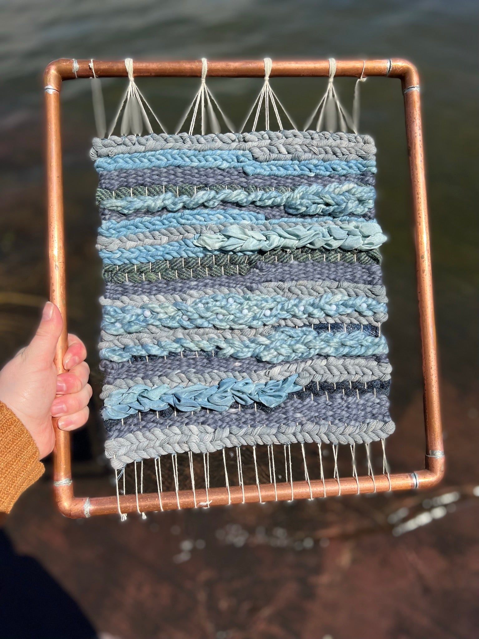 Naturally Dyed Indigo and Logwood Woven Wall Hanging with Blue Lace Agate and Harris Tweed in Custom Copper Frame