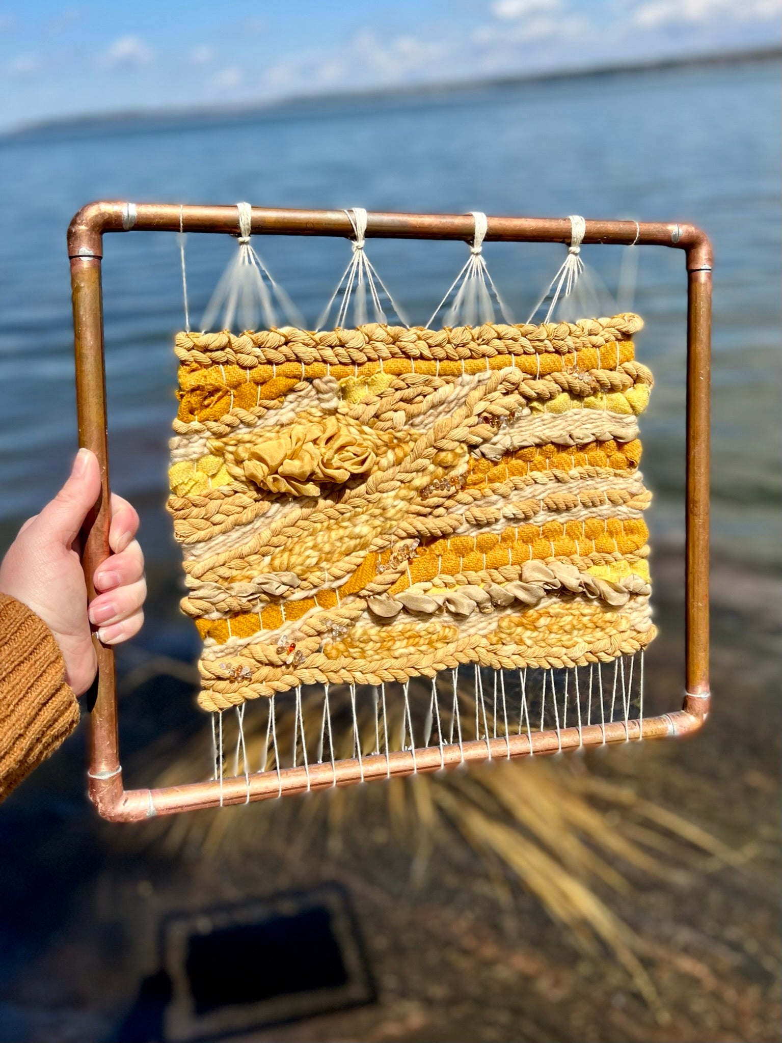Naturally Dyed Woven Wall Hanging Ancient Dye Weld with Harris Tweed and citrine crystals in custom copper frame