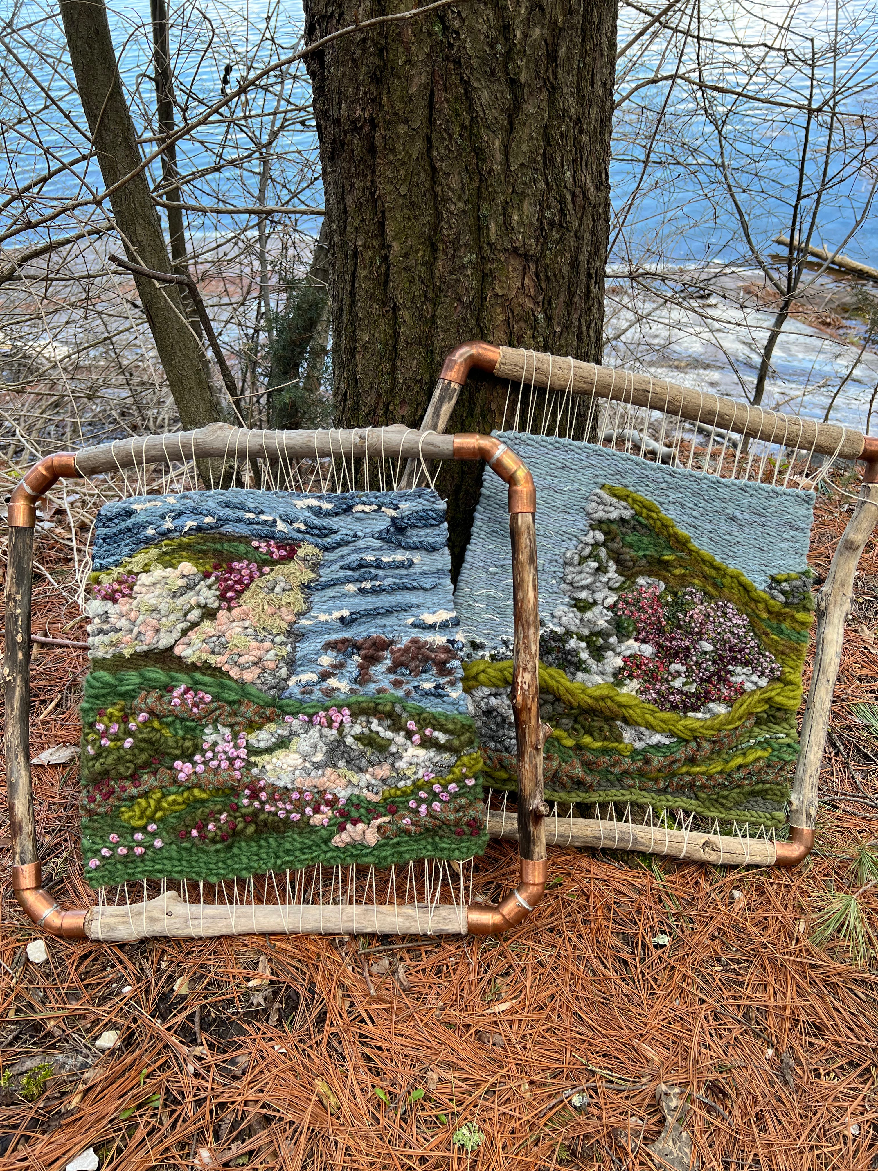 Alive Woven Wall Hanging With natural paint Harris Tweed embroidered with Pyrite agate crystals isle of Skye Scotland in driftwood and copper frame