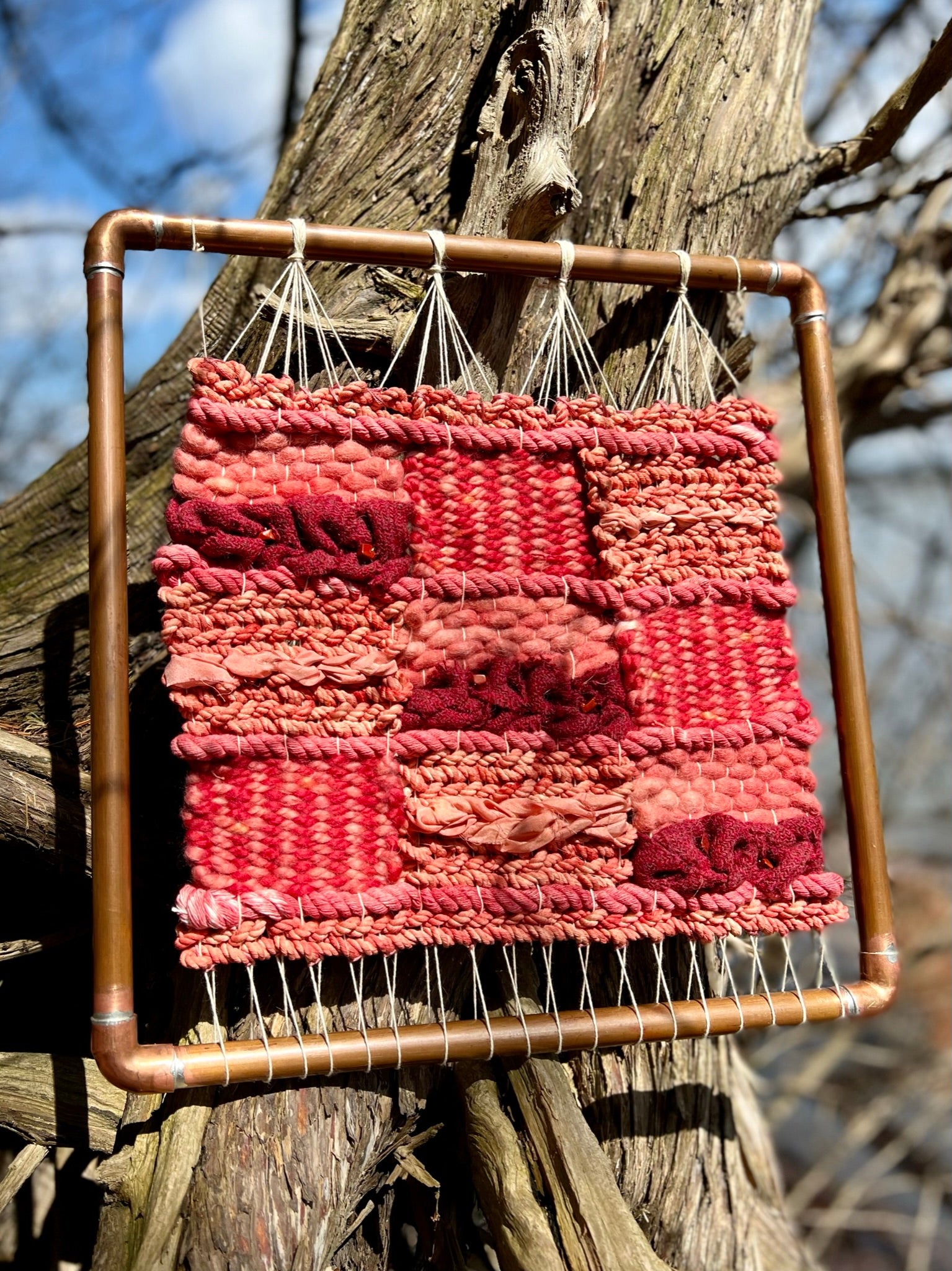 Naturally Dyed Madder Root Woven Wall Hanging Tapestry with copper Frame and Harris Tweed from Scotland all natural home decor wall art in wool silk and cotton with Red Jasper Crystals